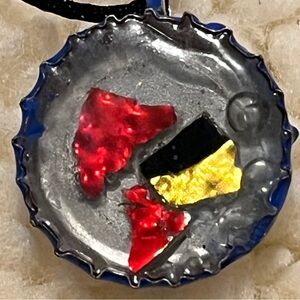 Rare One of a Kind Unique Bottle Cap Pendant w/ Red and Yellow Accents, Handmade